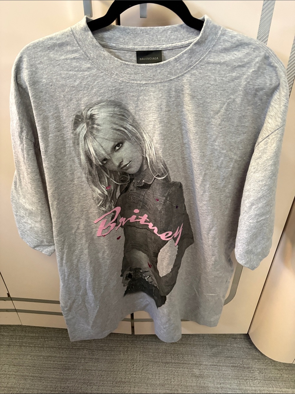 Balenciaga Grey Graphic Tee with Pink Script